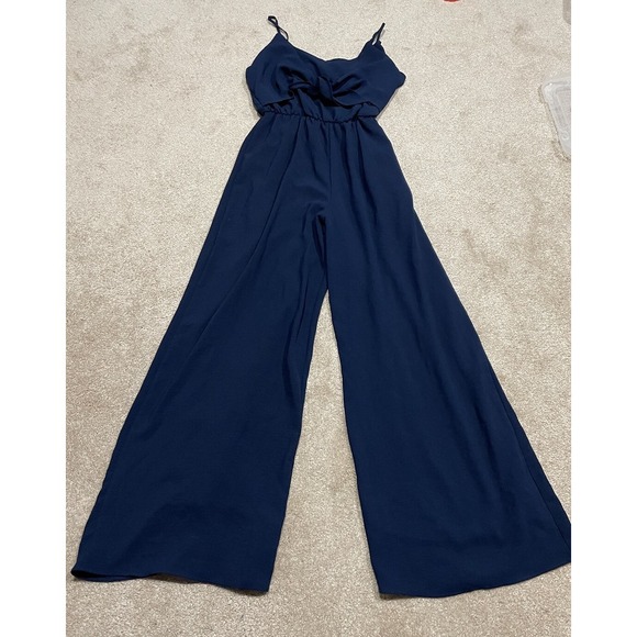 Everly Size L Navy Wideleg Spaghetti Strap Jumpsuit - Picture 1 of 7